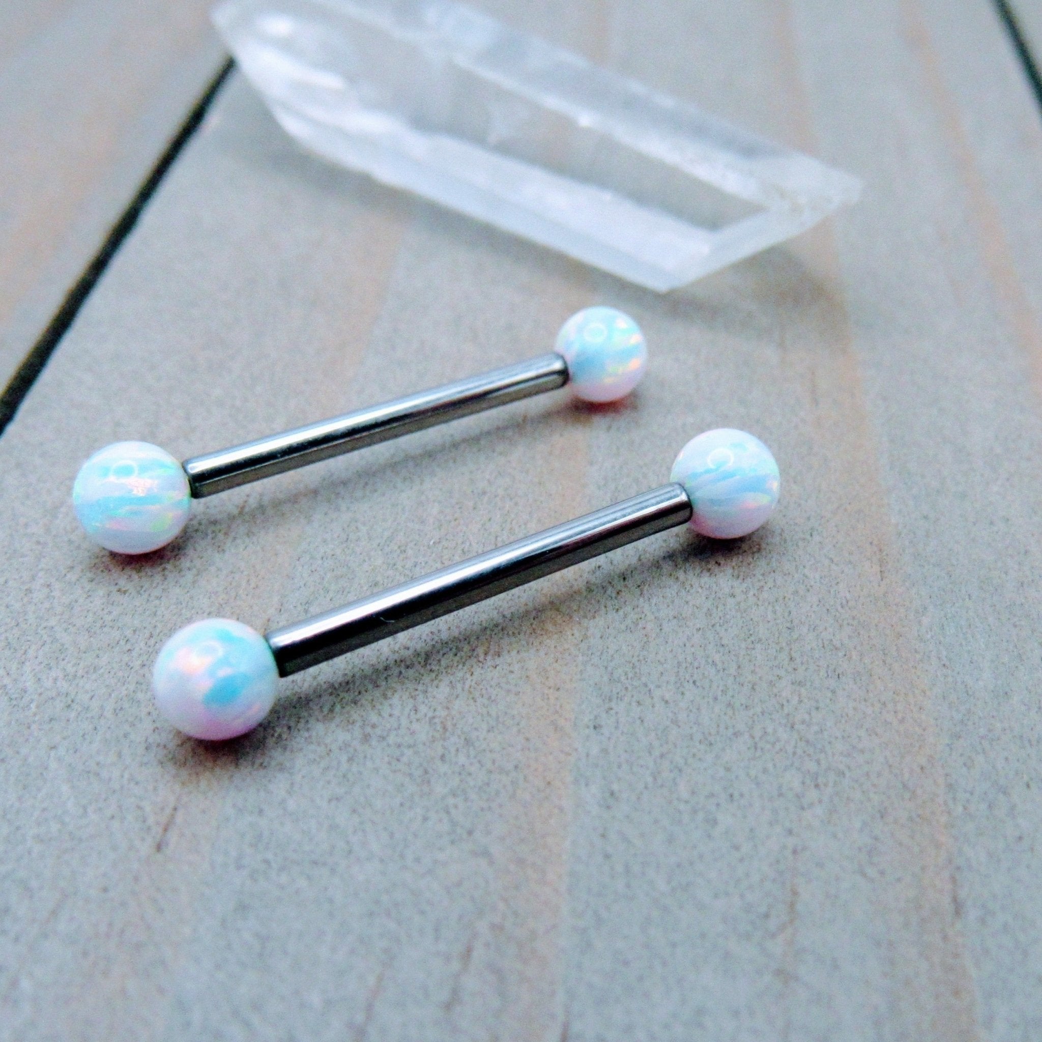 14g Titanium Nipple Bars shops *PAIR* White Opal Bullet End High Polish Silver Finish Barbell *Choose Length* Internally Threaded Nipple Bars