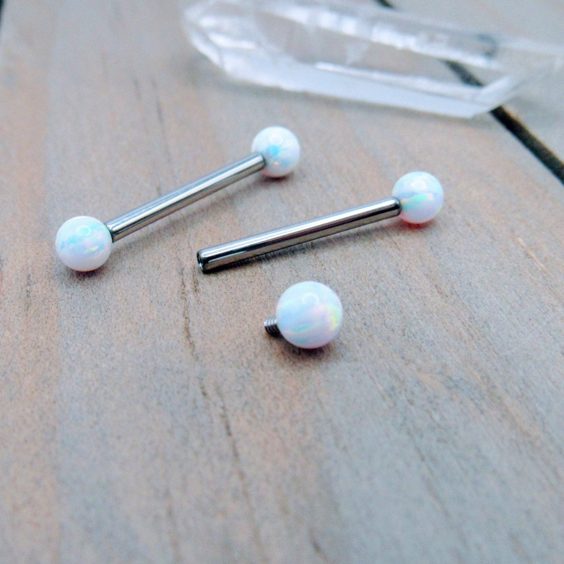 14g 4mm round white opal titanium nipple piercing bars