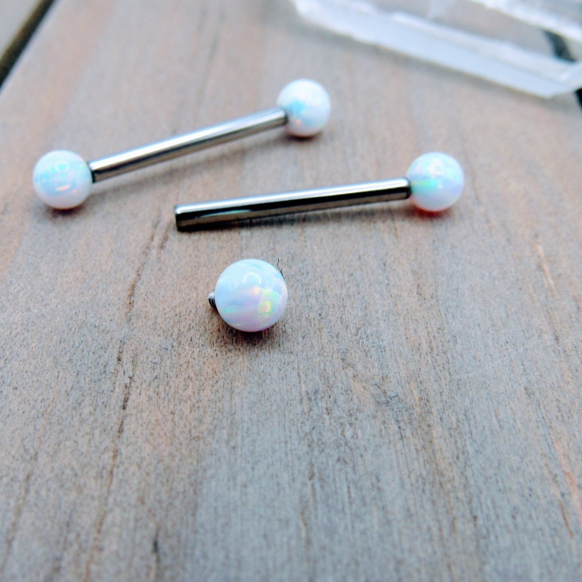 14g 4mm White opal nipple piercing barbell set internally threaded titanium bars - Siren Body Jewelry