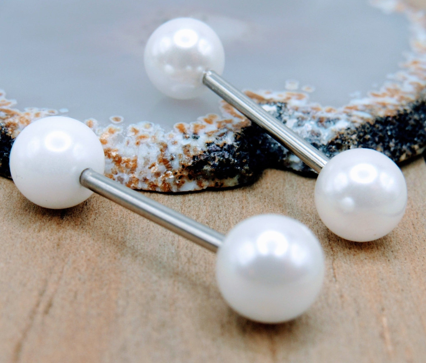 14g 8mm Pearl nipple piercing barbell set 5/8" externally threaded 316L stainless steel pair straight bars - Siren Body Jewelry