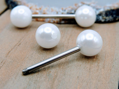 14g 8mm Pearl nipple piercing barbell set 5/8" externally threaded 316L stainless steel pair straight bars - Siren Body Jewelry