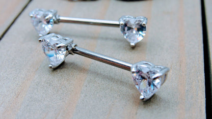 14g CZ Heart prong set nipple piercing barbell set 316L stainless steel forward facing nipple rings - Siren Body Jewelry