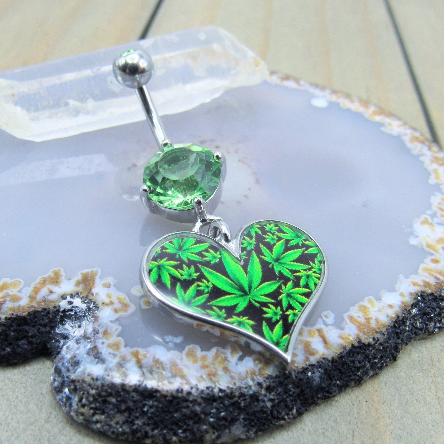 14g green gemstone heart weed dangle belly button piercing ring 3/8" length silver 316L stainless steel body jewelry - Siren Body Jewelry