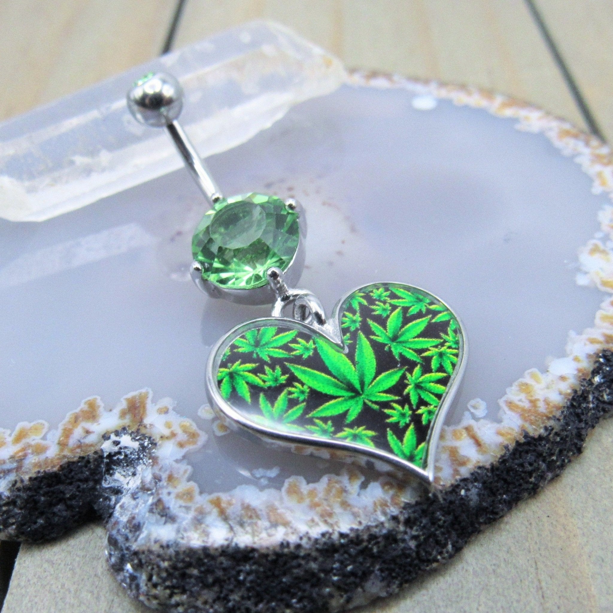 Green gemstone weed emblem heart design belly button piercing ring 14g