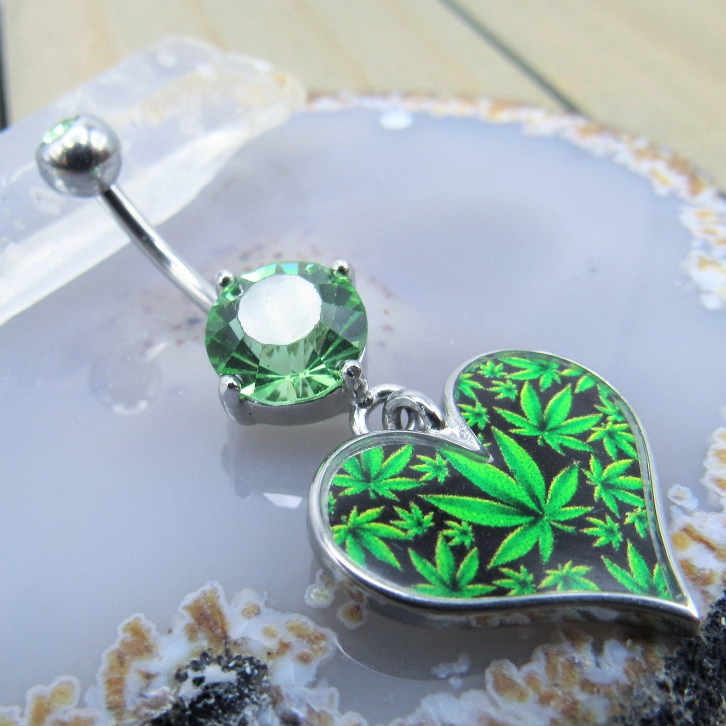 14g green gemstone heart weed dangle belly button piercing ring 3/8" length silver 316L stainless steel body jewelry - Siren Body Jewelry