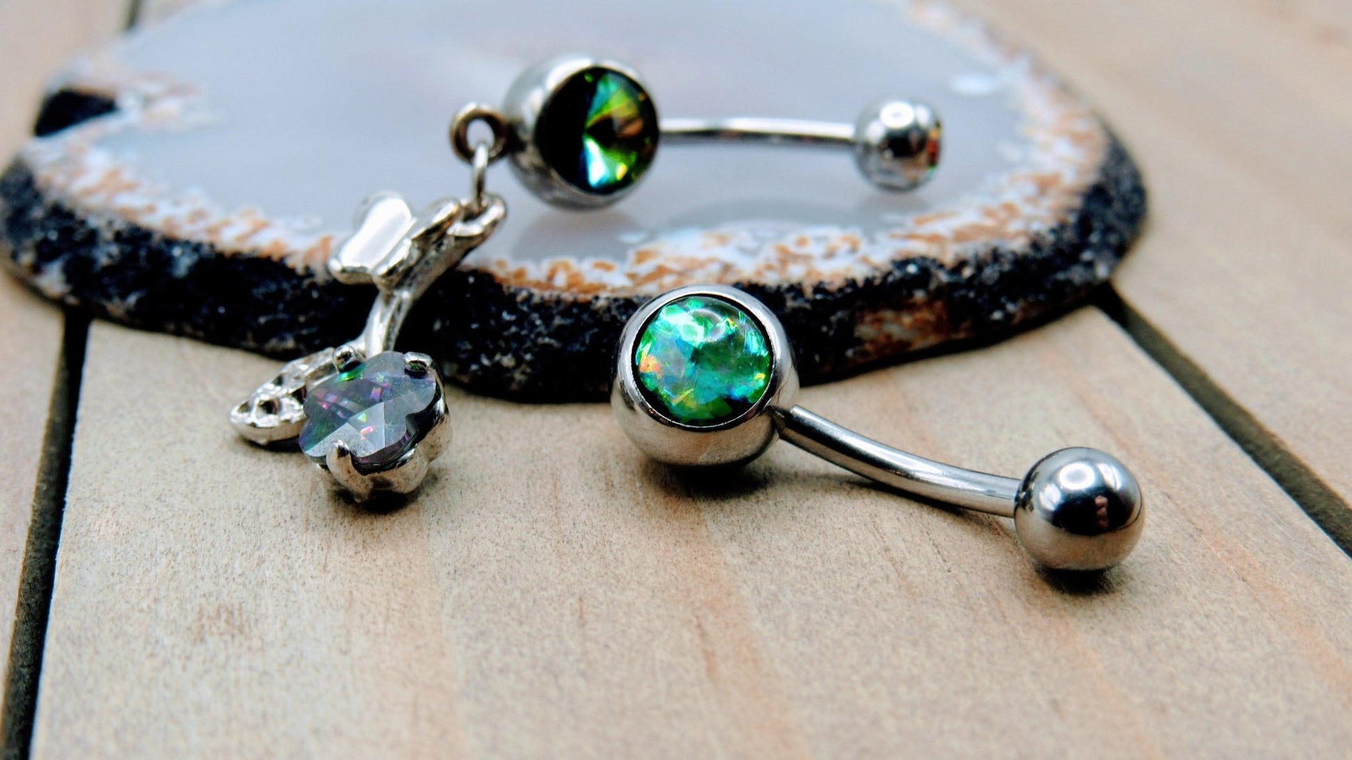 14g Green opal stainless steel belly button piercing ring silver butterfly flower double gemstone dangle navel piercing jewelry set of 2 - Siren Body Jewelry