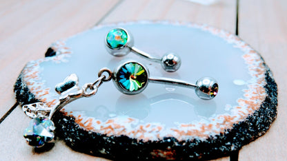 14g Green opal stainless steel belly button piercing ring silver butterfly flower double gemstone dangle navel piercing jewelry set of 2 - Siren Body Jewelry