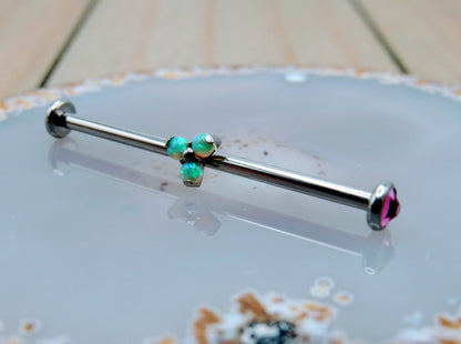 14g Green opal titanium industrial ear piercing barbell 4mm bezel set pink cz gemstone ends 1 1/4" internally threaded - Siren Body Jewelry