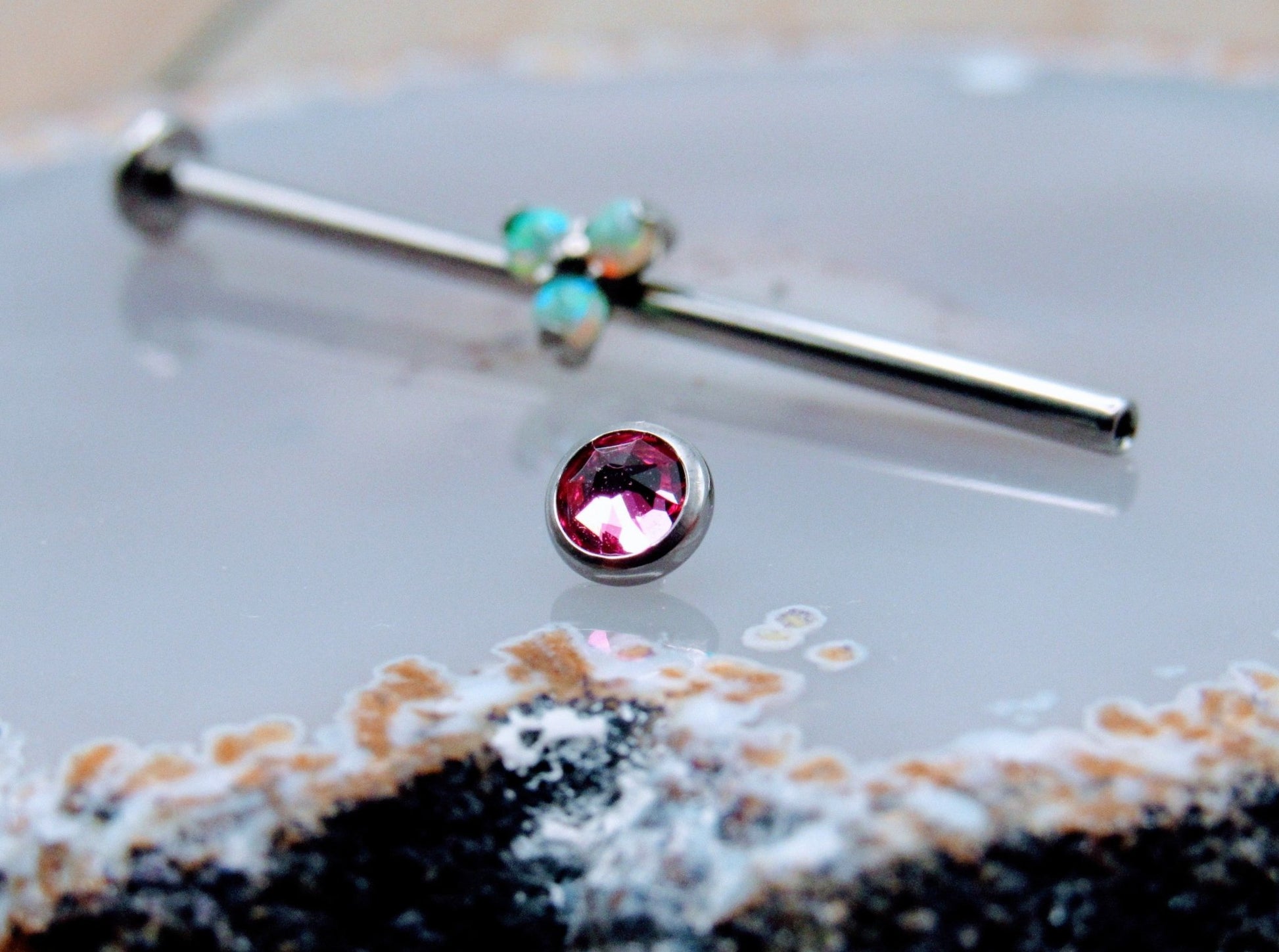 14g Green opal titanium industrial ear piercing barbell 4mm bezel set pink cz gemstone ends 1 1/4" internally threaded - Siren Body Jewelry