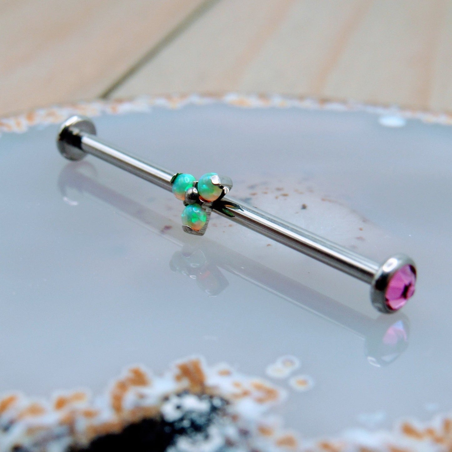14g Green opal titanium industrial ear piercing barbell 4mm bezel set pink cz gemstone ends 1 1/4" internally threaded - Siren Body Jewelry
