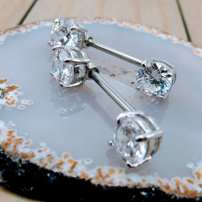 14g Prong set 7mm CZ gemstones 316L stainless steel nipple piercing barbell rings 5/8" externally threaded - Siren Body Jewelry