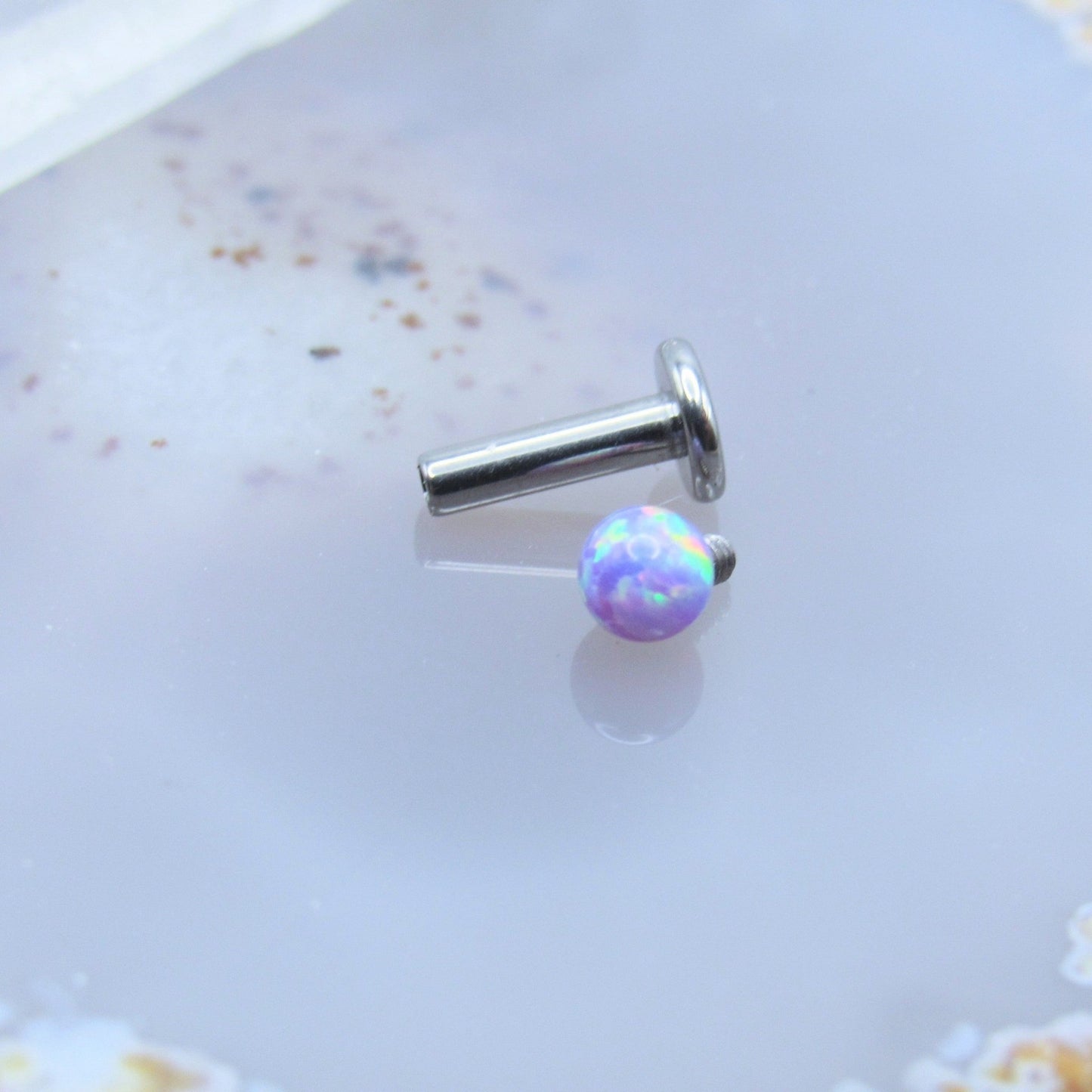 14g Purple opal titanium labret stud earring 1/4"-5/16" length shaft 3mm diameter round ball threaded end body jewelry earring - Siren Body Jewelry
