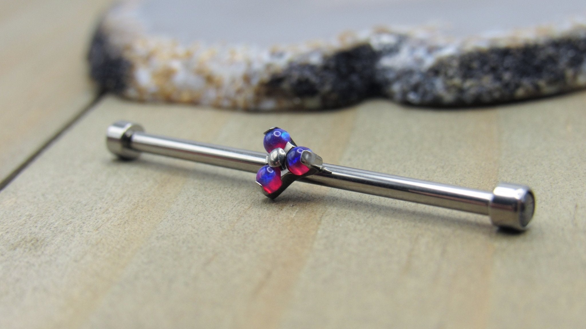 Purple opal titanium industrial piercing barbell earring 14g 1 1/4