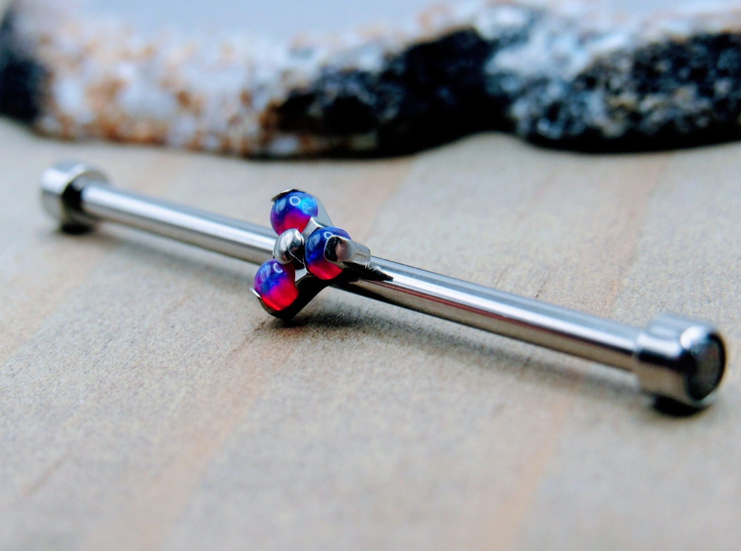 14g Purple opal trio titanium industrial piercing barbell 1 1/4" internally threaded single center hole bar - Siren Body Jewelry