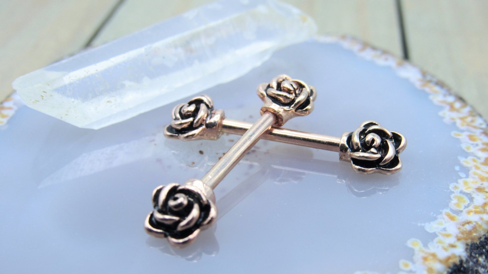 14g Rose flower nipple piercing barbell set 1/2" length rose gold over 316L stainless steel body jewelry barbells - Siren Body Jewelry