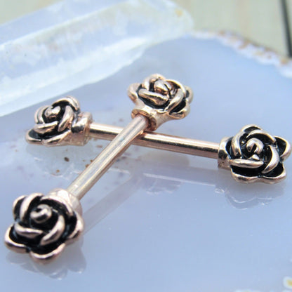 14g Rose flower nipple piercing barbell set 1/2" length rose gold over 316L stainless steel body jewelry barbells - Siren Body Jewelry