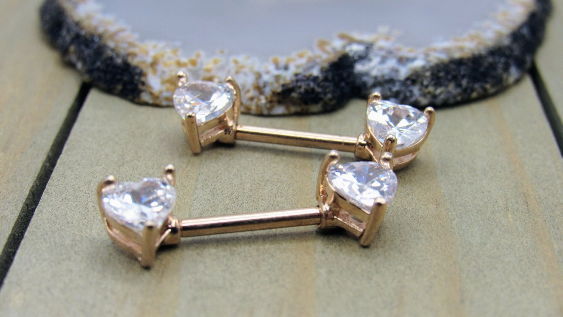 14g Rose gold heart gemstone nipple piercing barbell set 1/2" externally threaded prong gems - Siren Body Jewelry