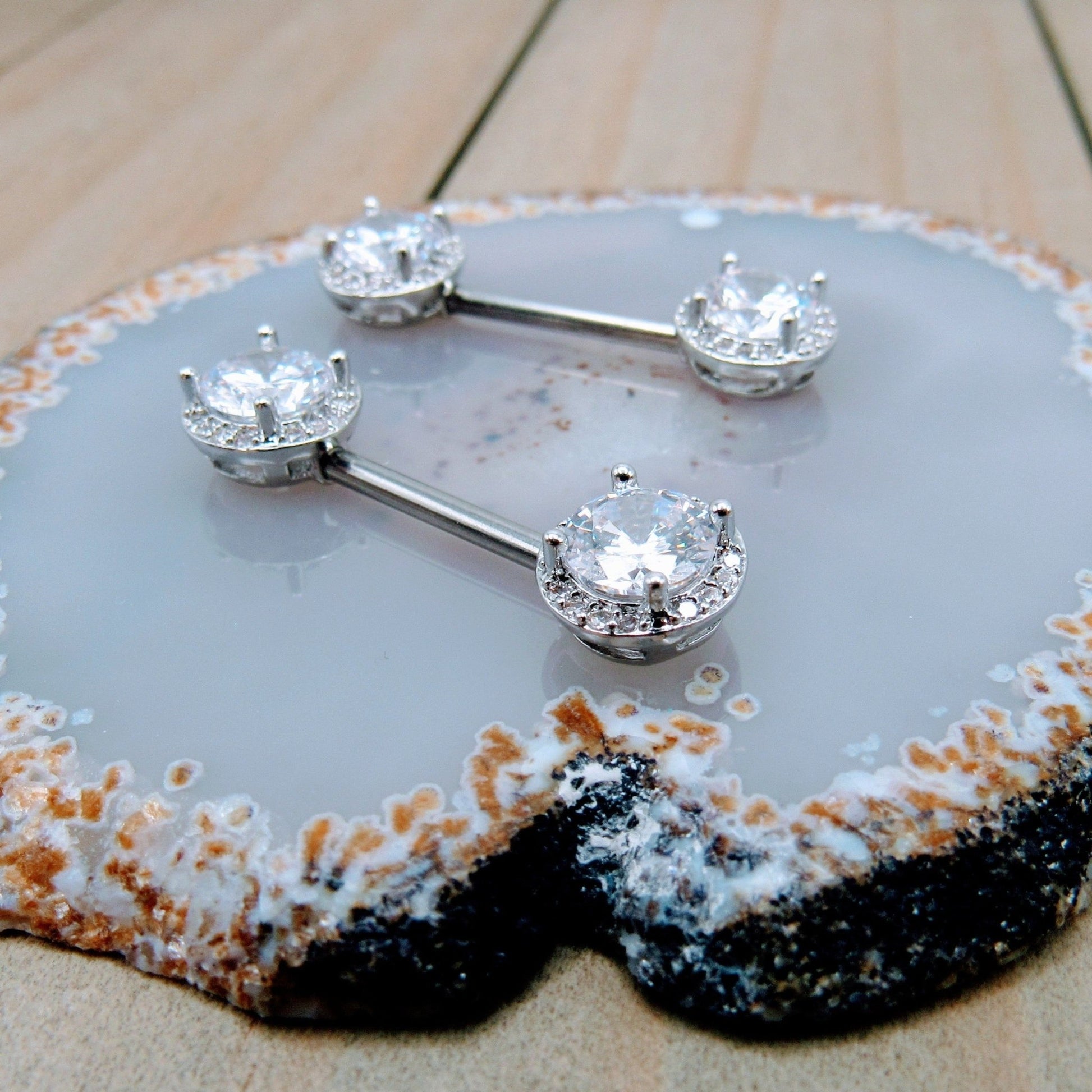 Gemstone nipple piercing jewelry set 14g round CZ forward facing prong –  Siren Body Jewelry