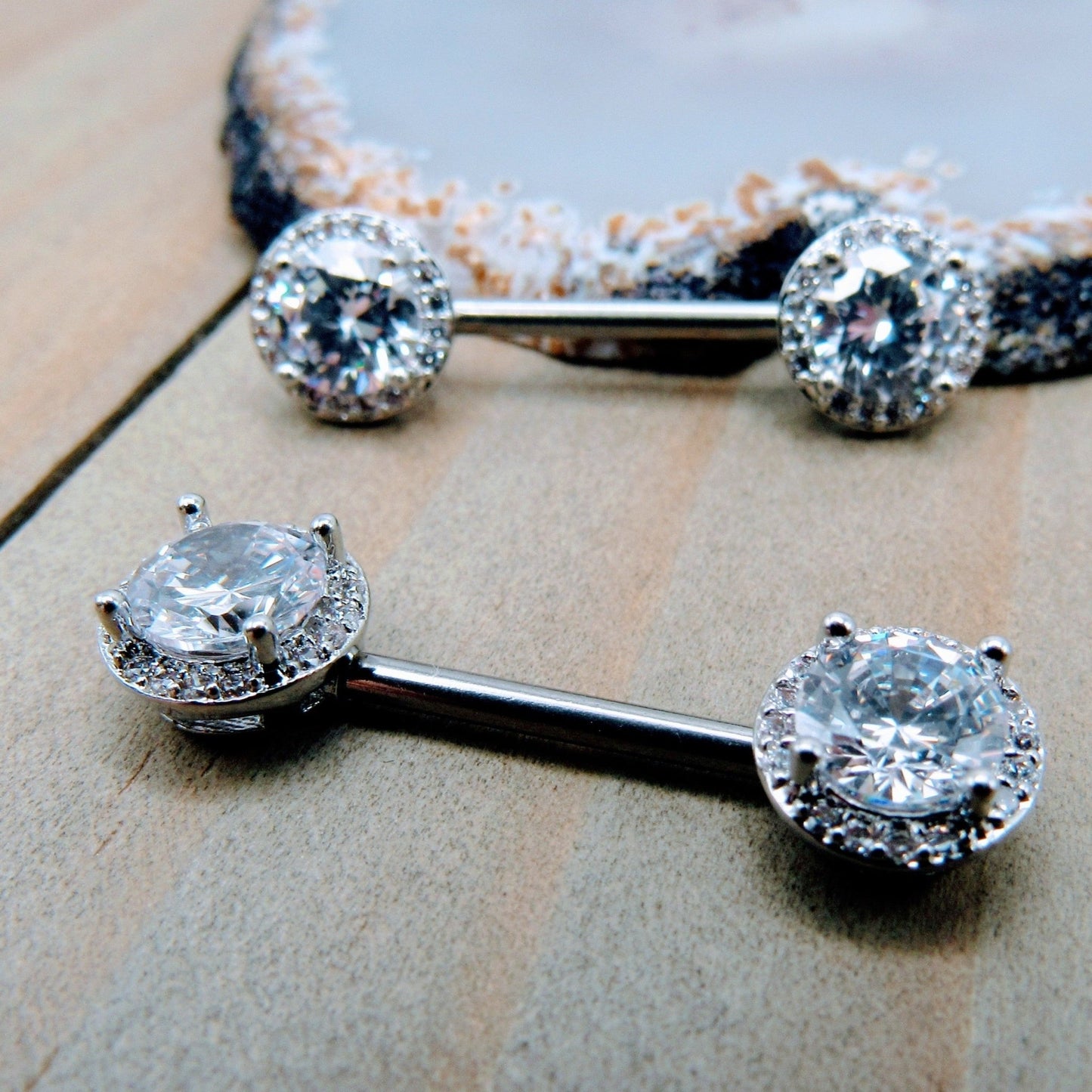 14g Round CZ gemstone paved gems nipple piercing barbell set 9/16" length pair silver surgical steel - Siren Body Jewelry