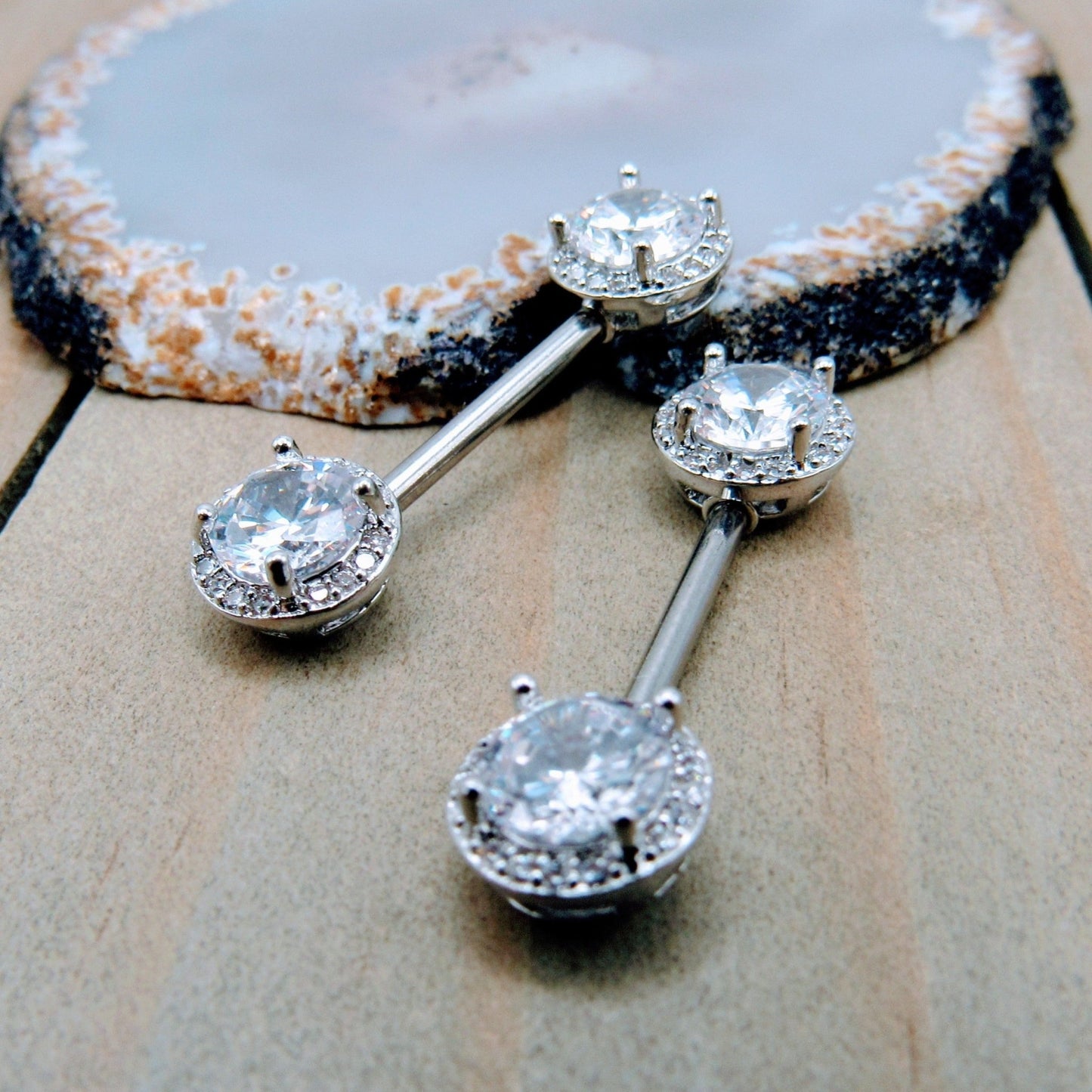 14g Round CZ gemstone paved gems nipple piercing barbell set 9/16" length pair silver surgical steel - Siren Body Jewelry