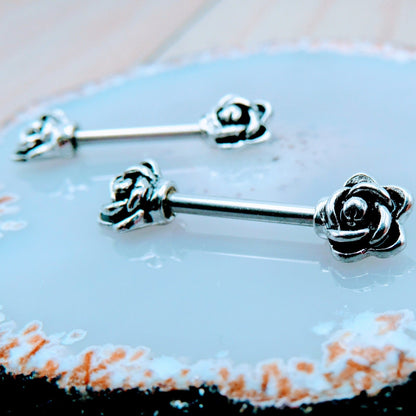 14g Silver rose heart nipple piercing barbell set 1/2" 316L stainless steel silver pair - Siren Body Jewelry