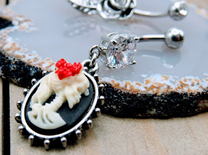 14g Skeleton dangle belly button piercing ring gemstone flower navel gemstone barbells 7/16" set of 2 - Siren Body Jewelry