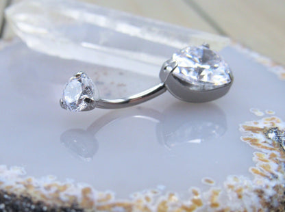 14g Titanium belly button piercing ring 3/8" teardrop shaped cz gemstone clear internally threaded - Siren Body Jewelry