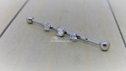 14g Titanium industrial piercing barbell 3 hole scaffold bar pick your length clear Swarovski gemstones - SirenBodyJewelry