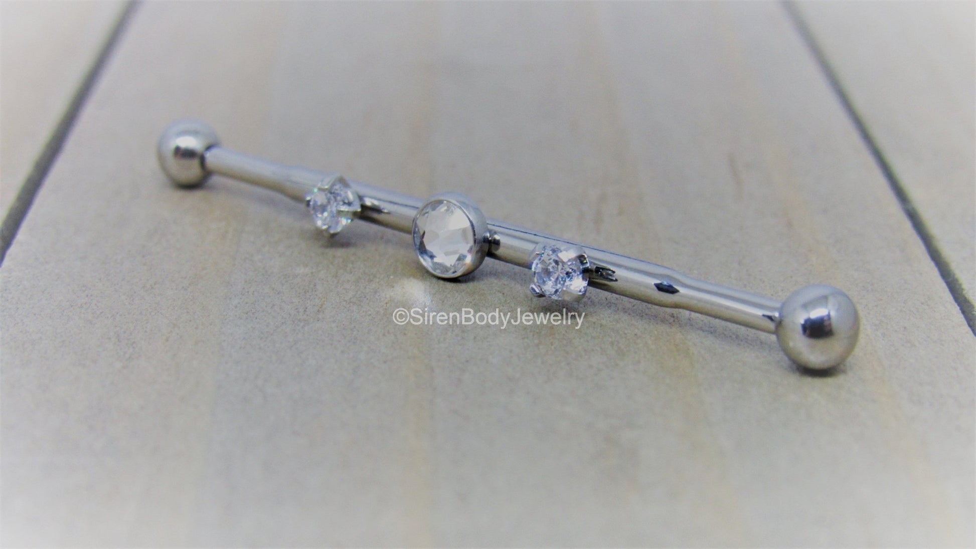 14g Titanium industrial piercing barbell 3 hole scaffold bar pick your length clear Swarovski gemstones - SirenBodyJewelry