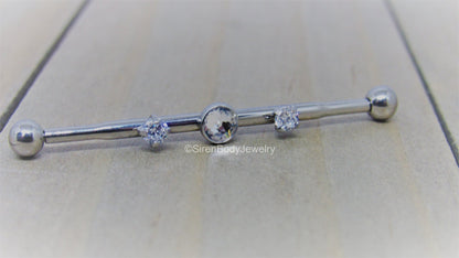 14g Titanium industrial piercing barbell 3 hole scaffold bar pick your length clear Swarovski gemstones - SirenBodyJewelry