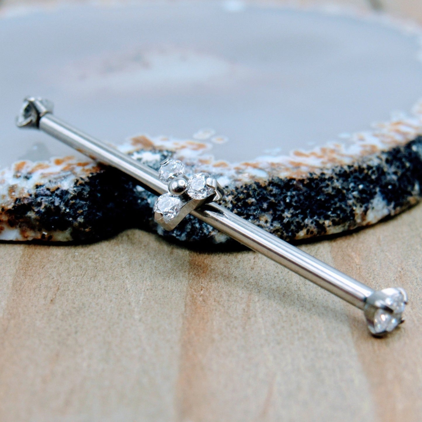 14g Titanium industrial piercing barbell internally threaded 1 1/4" or 1 1/2" length 3mm prong clear gemstones gem trio - Siren Body Jewelry