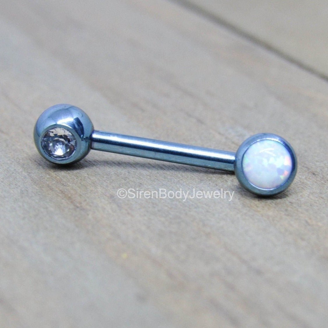 14g Titanium L barbell VCH piercing christina bar internally threaded hypoallergenic 1/2" length 5mm opal bezel end - Siren Body Jewelry