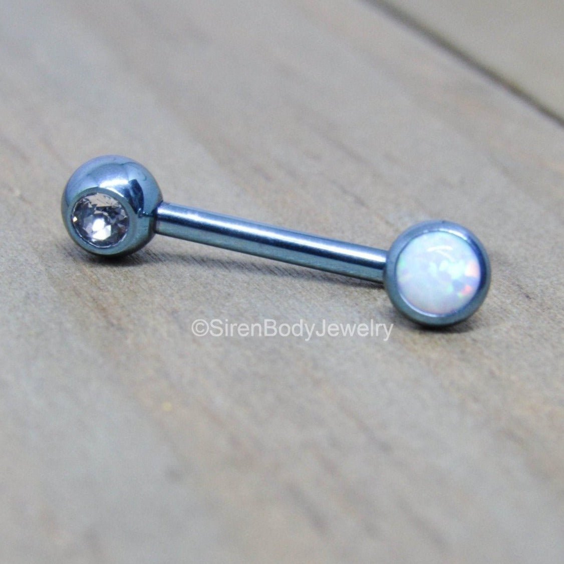 14g Titanium L barbell VCH piercing christina bar internally threaded hypoallergenic 1/2" length 5mm opal bezel end - Siren Body Jewelry