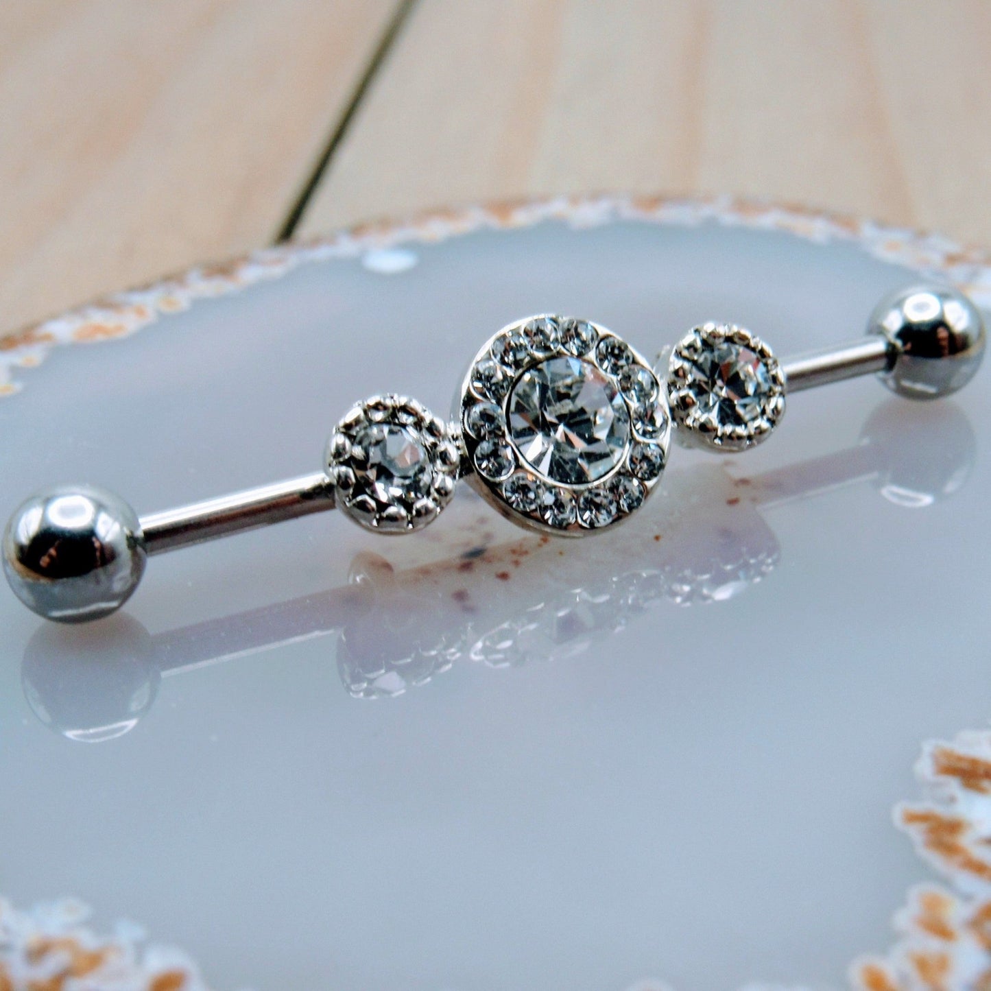 14g Triple CZ gemstone industrial piercing barbell 1 1/4" clear gem scaffold jewelry 316L stainless steel straight bar earring - Siren Body Jewelry