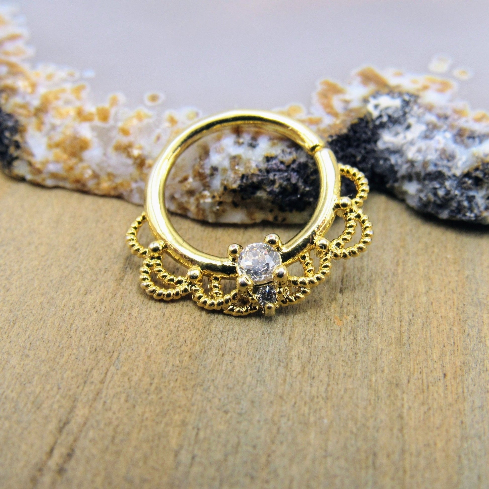 16g Gold septum ring 5/16" seam ring style 4mm cz prong set gemstone decorative filigree daith piercing earring - Siren Body Jewelry