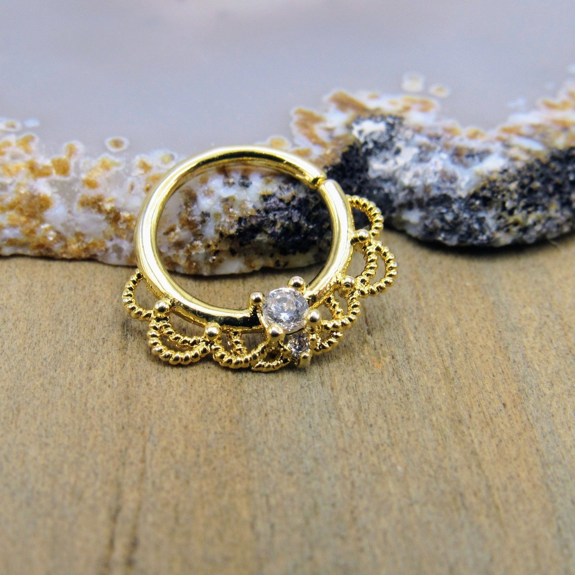 16g Gold septum ring 5/16" seam ring style 4mm cz prong set gemstone decorative filigree daith piercing earring - Siren Body Jewelry