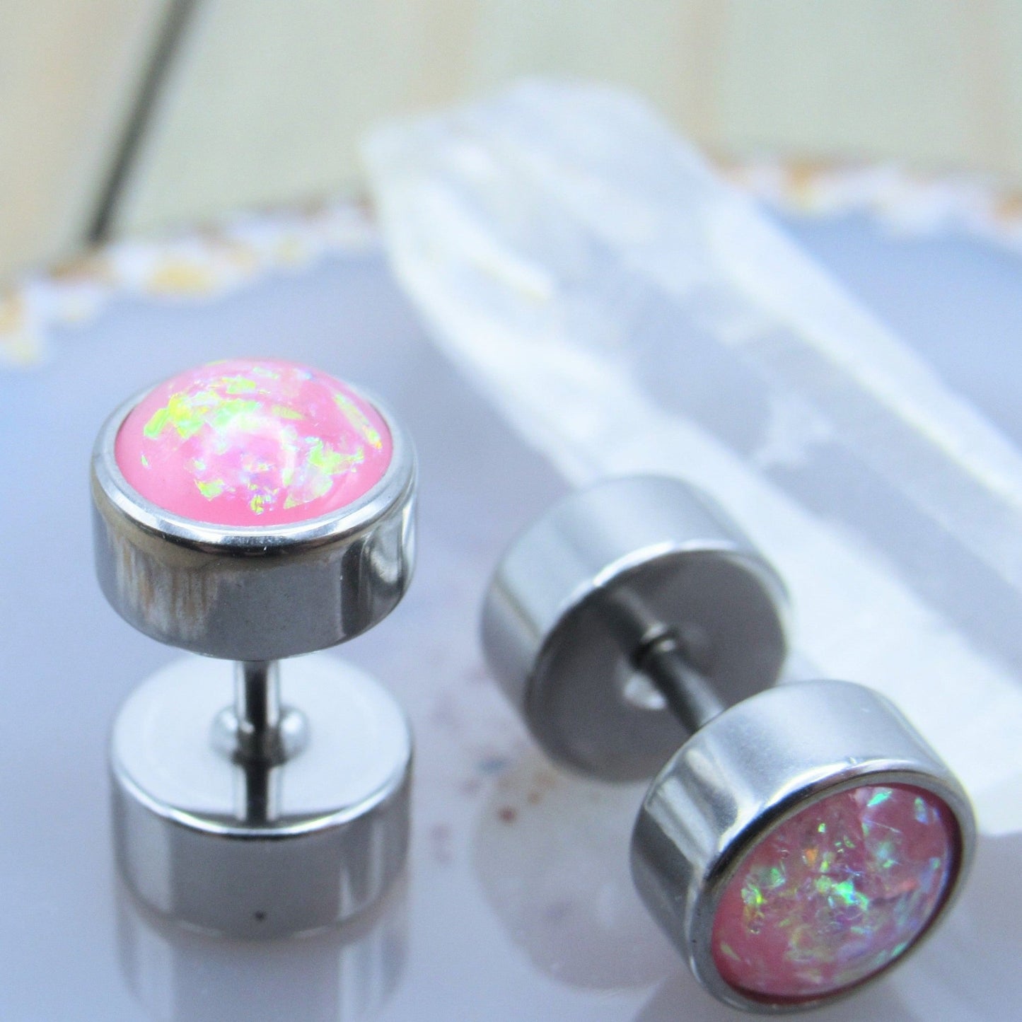16g Pink opal glitter fake plug earrings 316L stainless steel gauged ear piercing studs - Siren Body Jewelry