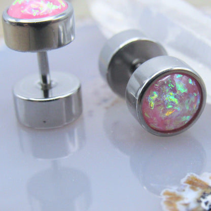 16g Pink opal glitter fake plug earrings 316L stainless steel gauged ear piercing studs - Siren Body Jewelry