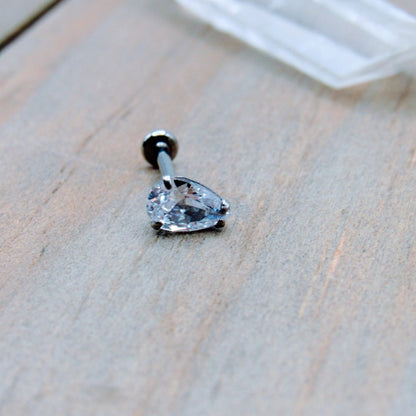 16g Titanium flat back earring stud pear teardrop shaped crystal clear gemstone conch helix philtrum earlobe earring 1/4"-5/16" - Siren Body Jewelry