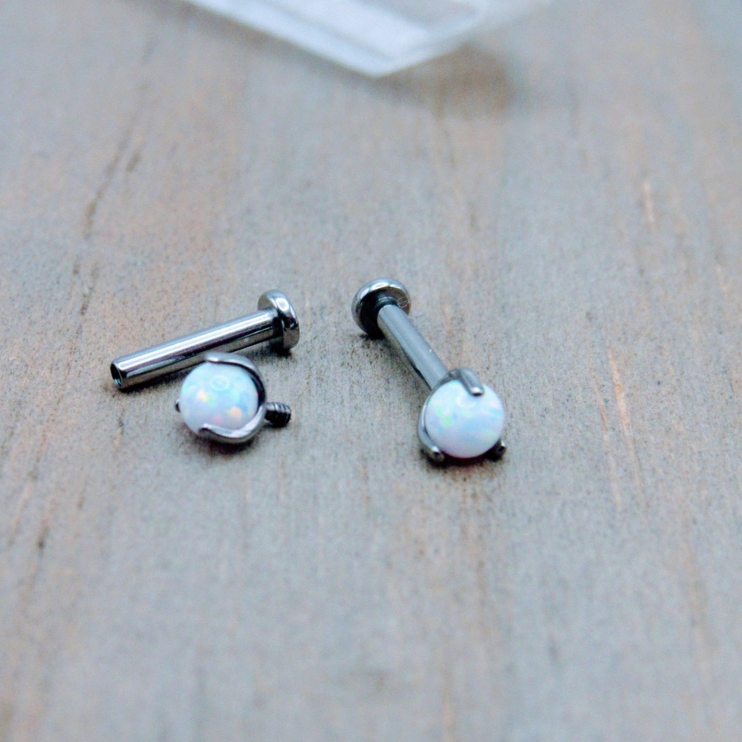 16g White opal titanium flat back earring stud set internally threaded 3mm prong set opals helix earlobe conch jewelry - Siren Body Jewelry