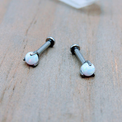 16g White opal titanium flat back earring stud set internally threaded 3mm prong set opals helix earlobe conch jewelry - Siren Body Jewelry