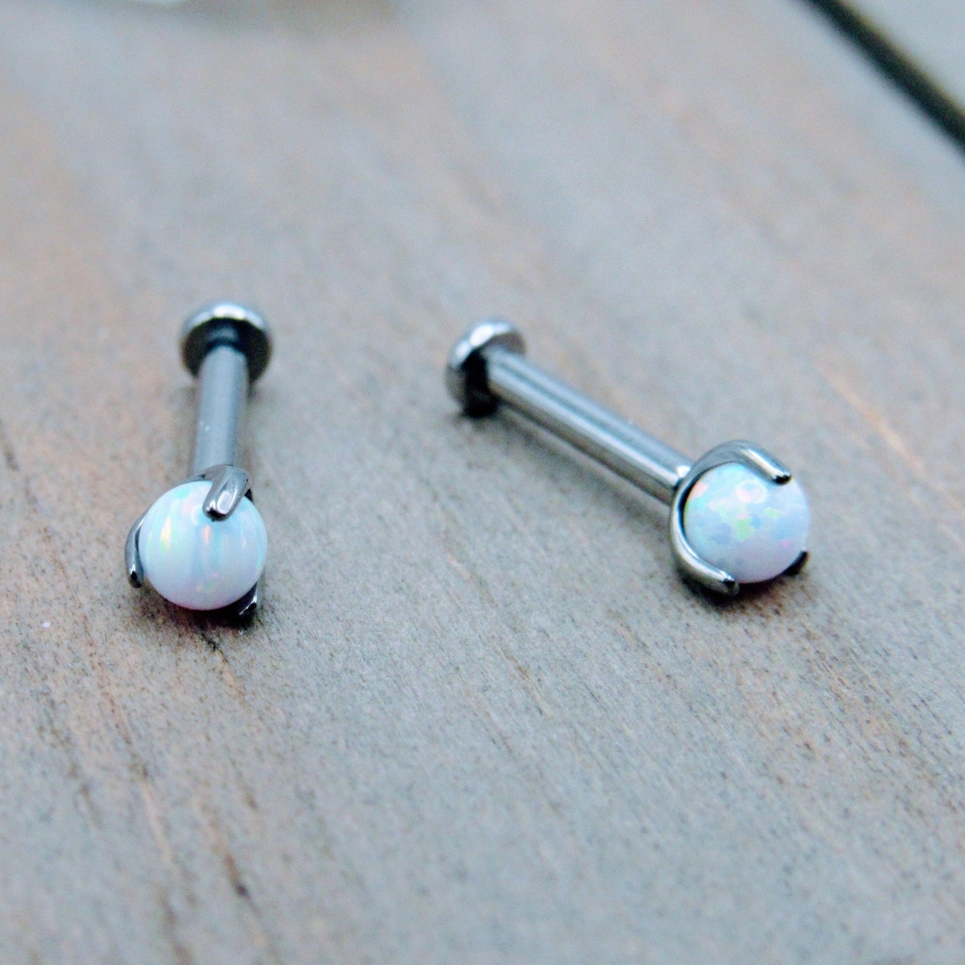 16g White opal titanium flat back earring stud set internally threaded 3mm prong set opals helix earlobe conch jewelry - Siren Body Jewelry