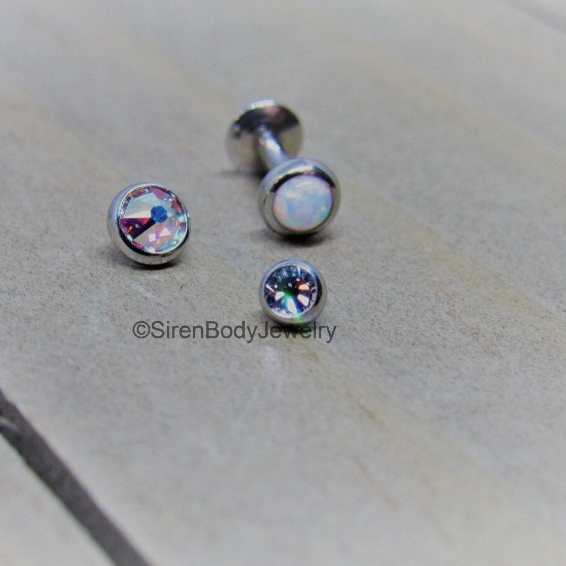 18g-16g Triple cartilage forward helix earlobe conch set of 3 gemstone ends white opal clear aurora borealis pick your gauge and length - SirenBodyJewelry