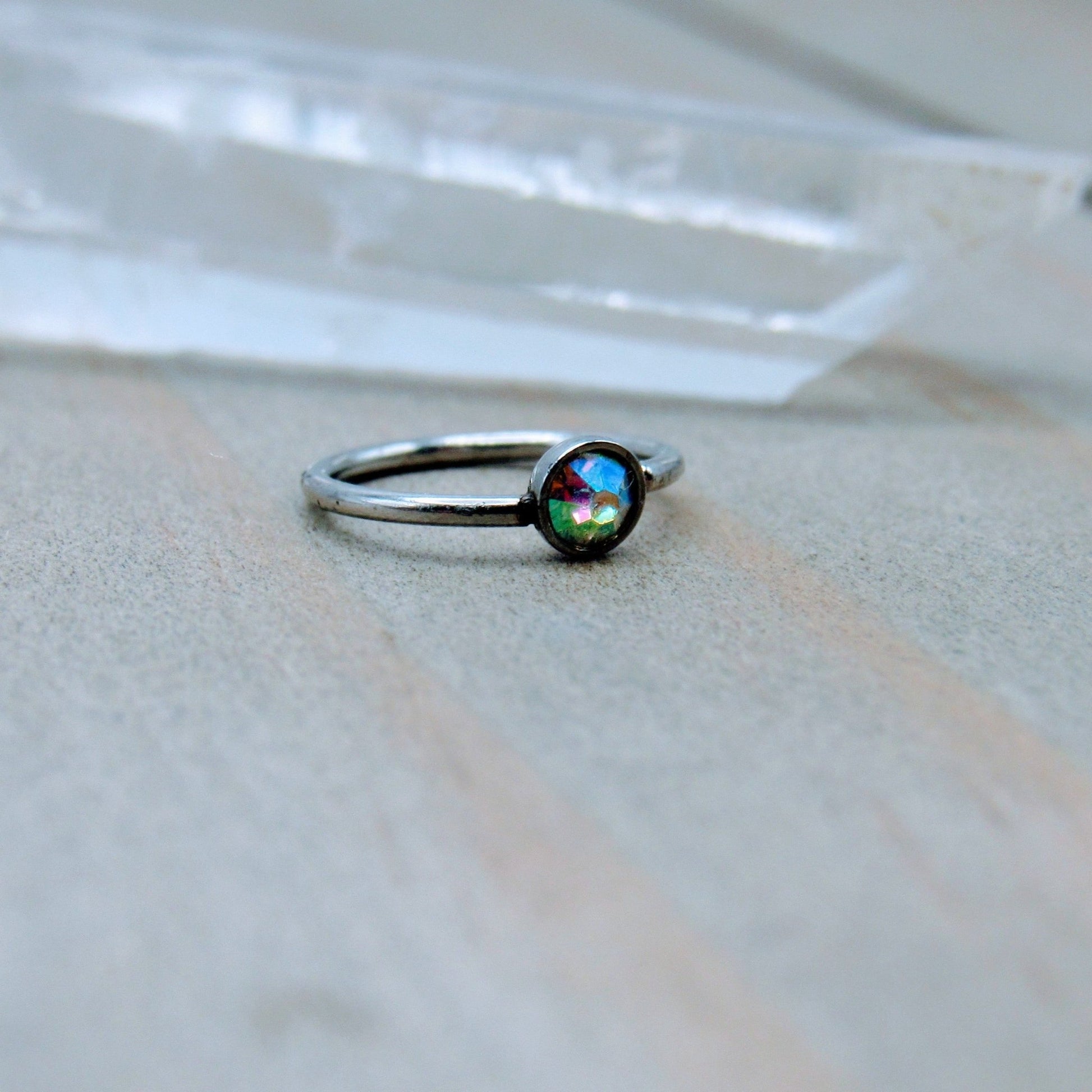 20g Nostril piercing hoop 5/16" silver stainless steel helix seam ring 3mm aurora borealis gemstone - Siren Body Jewelry