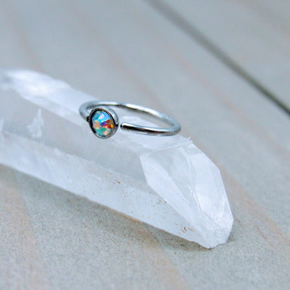 20g Nostril piercing hoop 5/16" silver stainless steel helix seam ring 3mm aurora borealis gemstone - Siren Body Jewelry