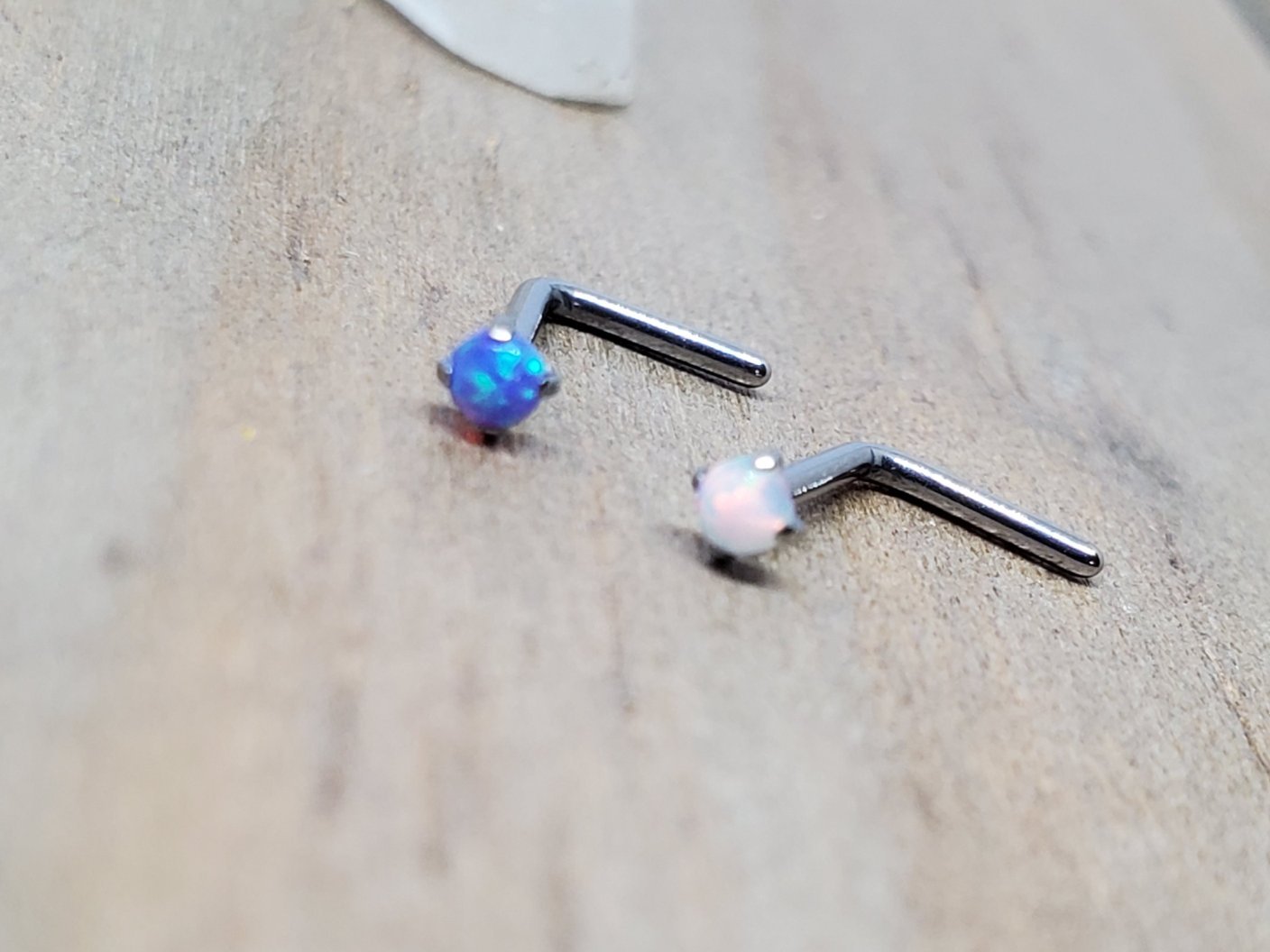 20g Opal nose ring L bend white or purple opal titanium 2mm opal prong set pick your anodized color - SirenBodyJewelry
