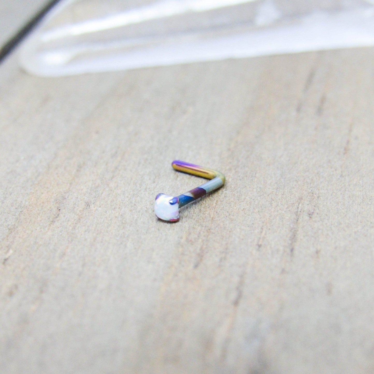 20g Opal nose ring L bend white or purple opal titanium 2mm opal prong set pick your anodized color - SirenBodyJewelry