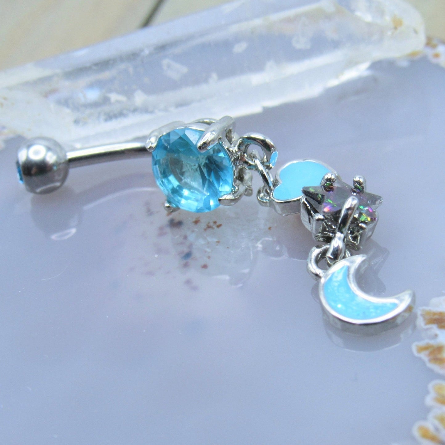 Aqua blue heart moon star gemstone belly button piercing dangle ring 14g 316L stainless steel 7/16" length bar - Siren Body Jewelry