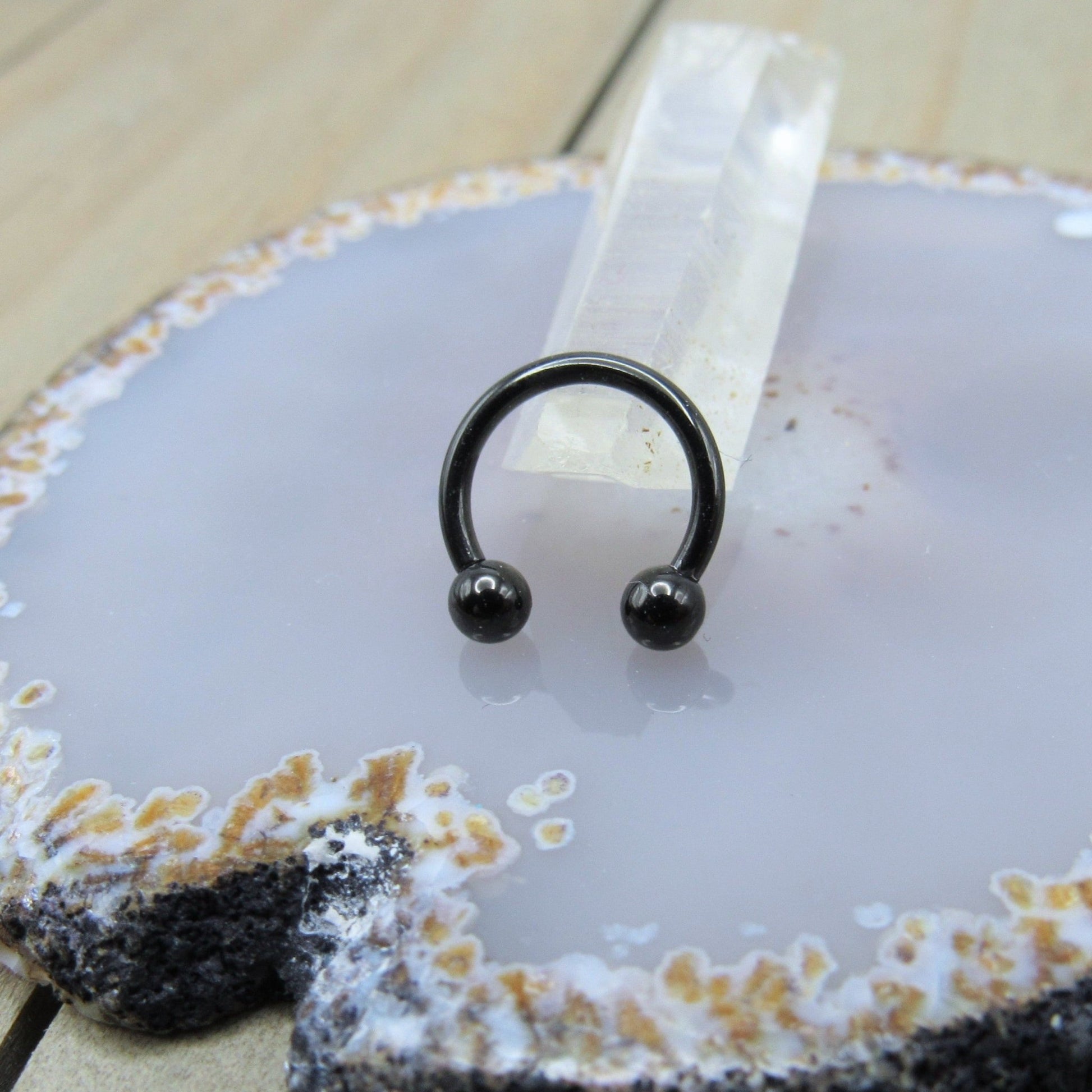Black horseshoe septum ring 16g 5/16" helix cartilage piercing hoop earring 3mm externally threaded ball ends - Siren Body Jewelry