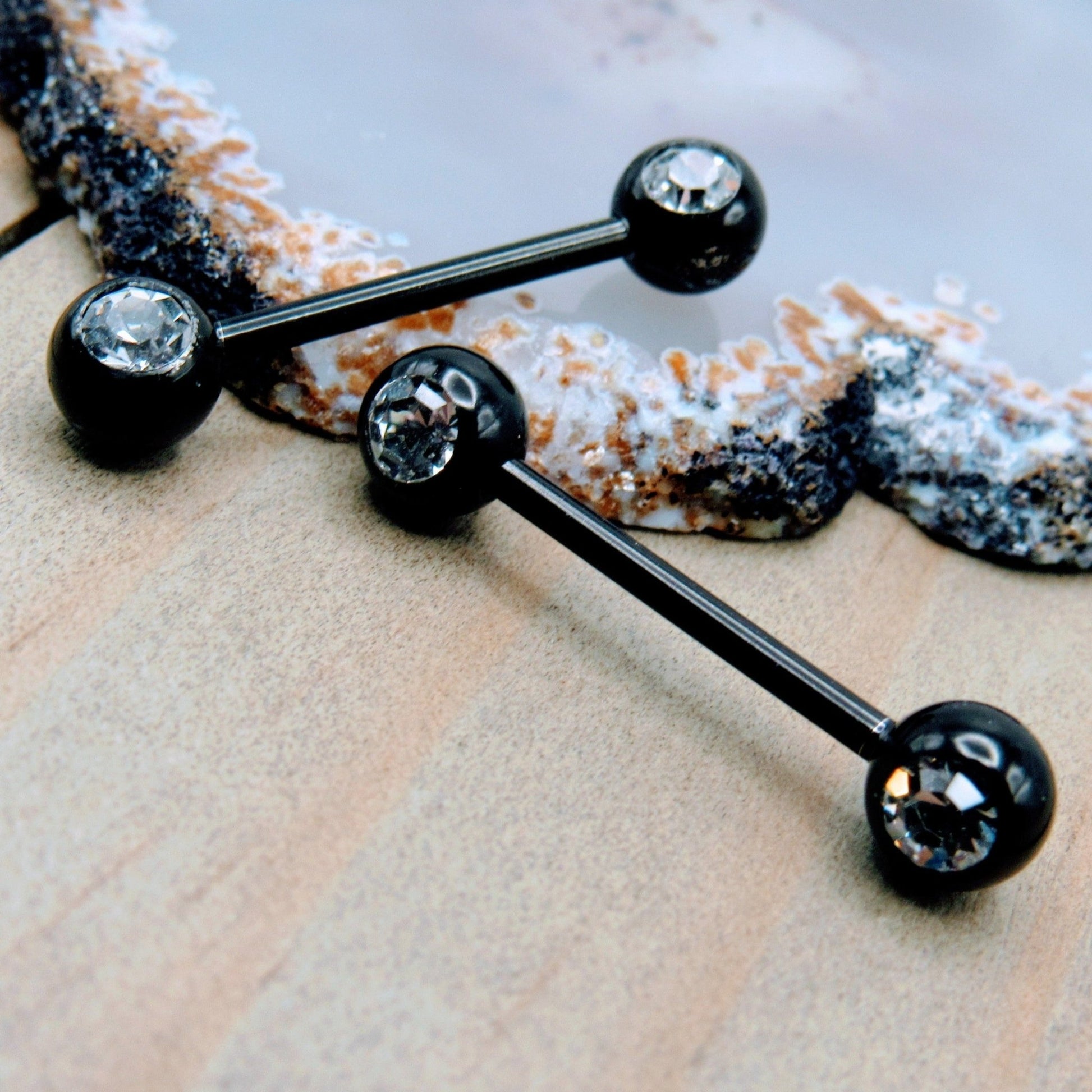 Black nipple piercing jewelry set 14g 5/8" double CZ forward facing gemstone pair PVD 316L stainless steel - Siren Body Jewelry